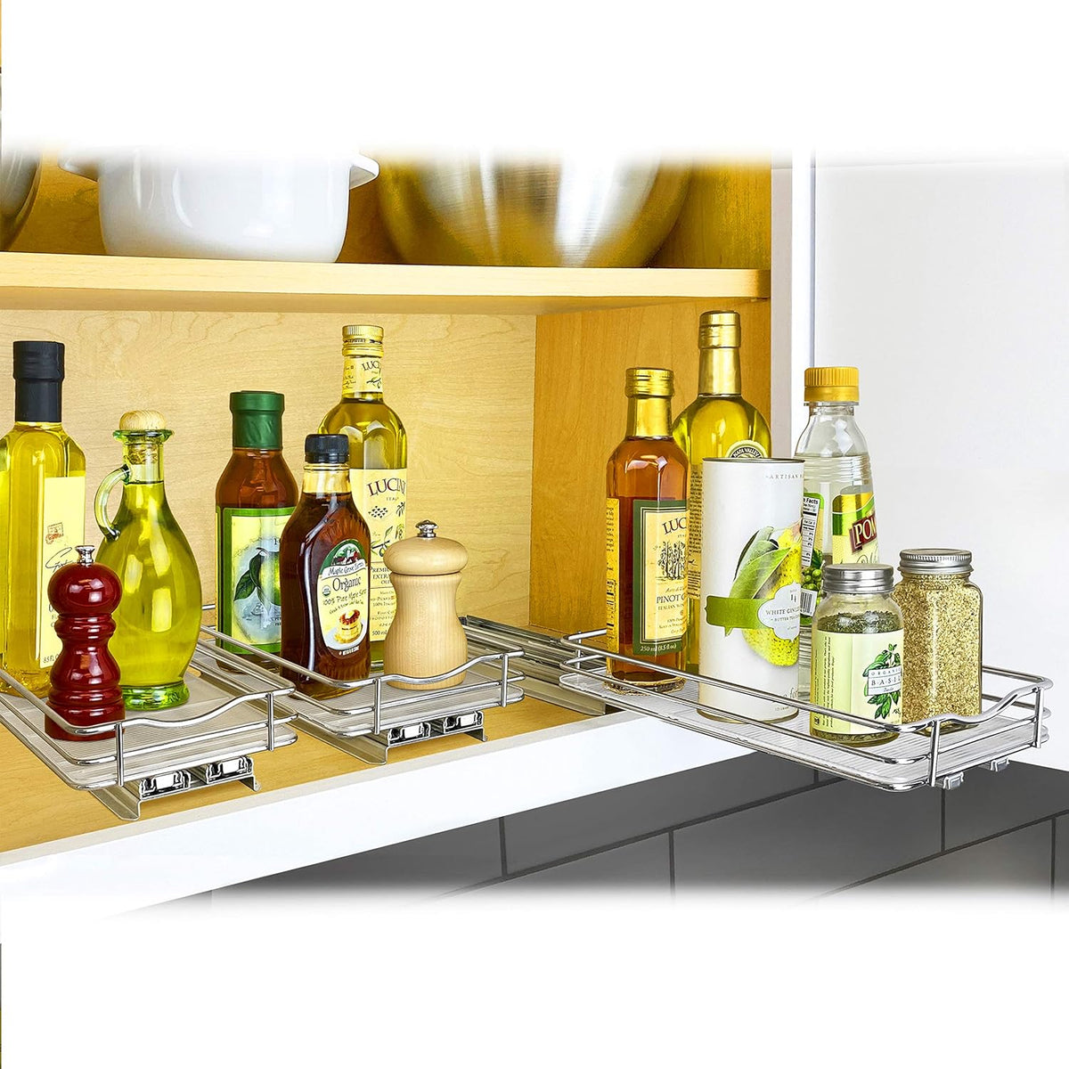 ® Pull Out Spice Organization for Cabinets - 4-3/8 inch Wide – Spice Rack for Inside Cabinets, Slide Out Spice Rack Organizer for cabinet – Pull Out Spice Rack, Sliding 2 Tier Chrome