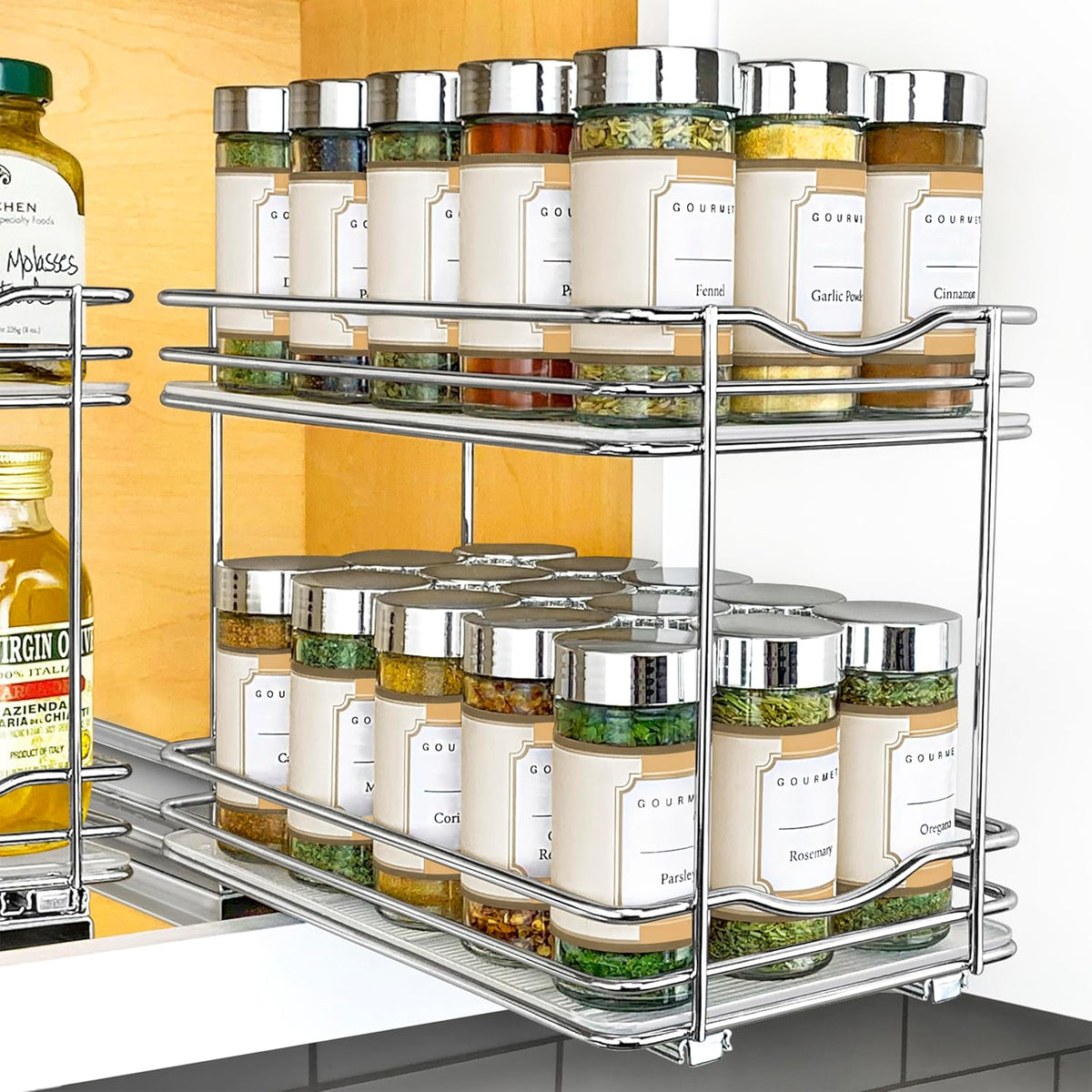 ® Pull Out Spice Organization for Cabinets - 4-3/8 inch Wide – Spice Rack for Inside Cabinets, Slide Out Spice Rack Organizer for cabinet – Pull Out Spice Rack, Sliding 2 Tier Chrome