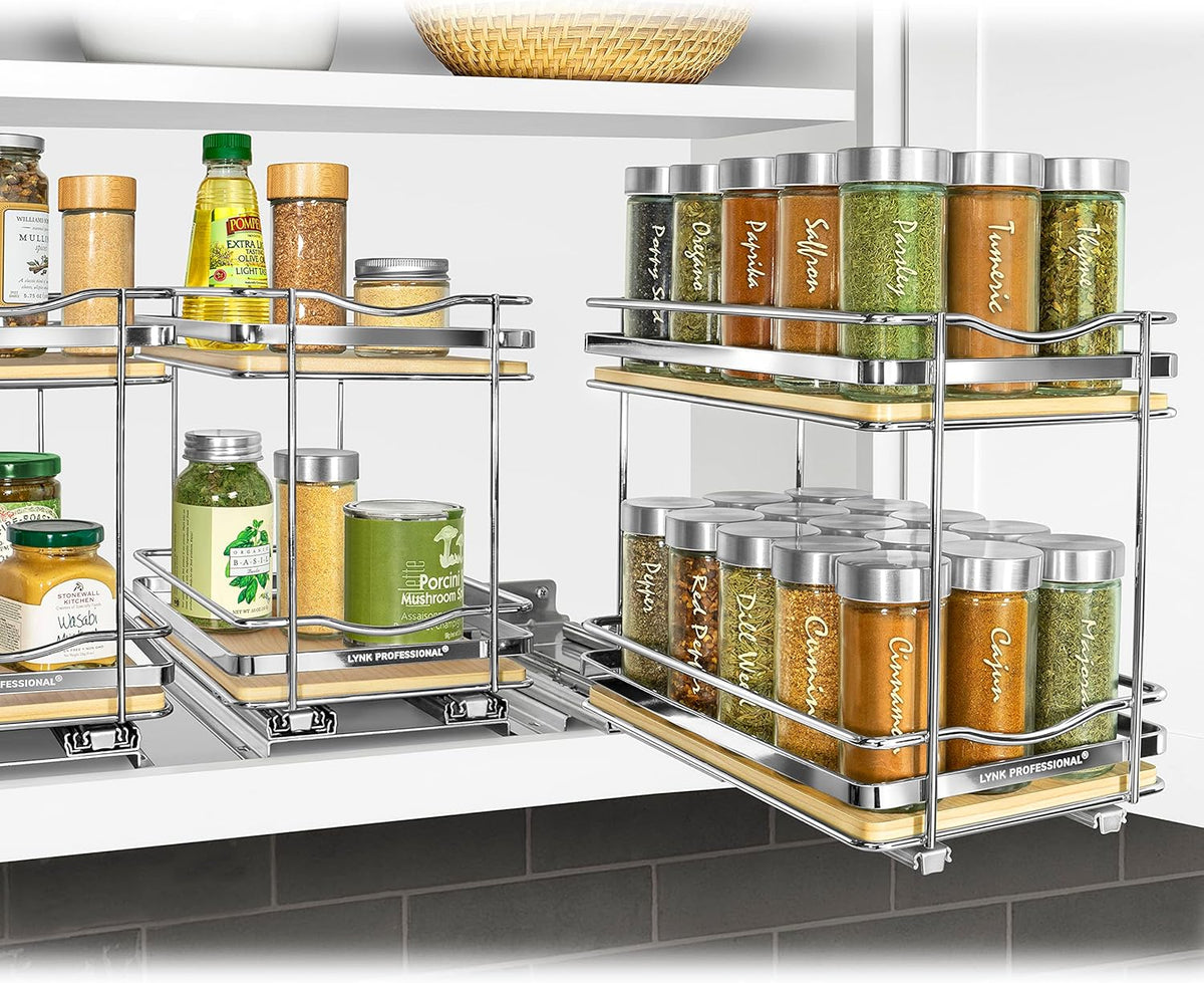 ® Pull Out Spice Organization for Cabinets - 4-3/8 inch Wide – Spice Rack for Inside Cabinets, Slide Out Spice Rack Organizer for cabinet – Pull Out Spice Rack, Sliding 2 Tier Chrome