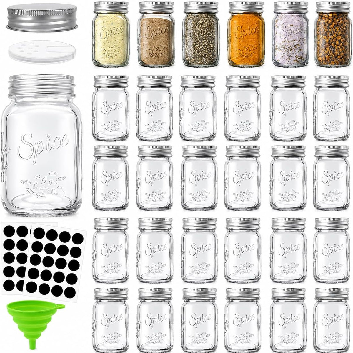 30 Pack 4 Oz Glass Mason Spice Jar with Shaker Lids& Labels, Empty Spice Bottle Mini Mason Jars with Airtight Metal Caps and Collapsible Funnel for Herbs & Spices