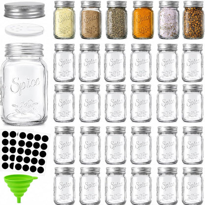 30 Pack 4 Oz Glass Mason Spice Jar with Shaker Lids& Labels, Empty Spice Bottle Mini Mason Jars with Airtight Metal Caps and Collapsible Funnel for Herbs & Spices