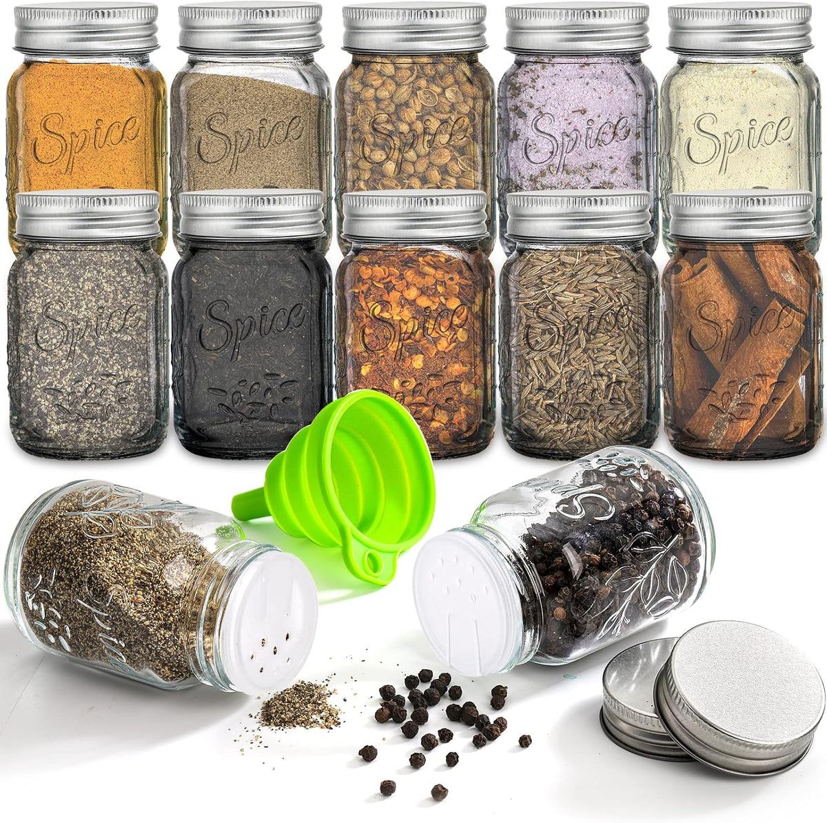 30 Pack 4 Oz Glass Mason Spice Jar with Shaker Lids& Labels, Empty Spice Bottle Mini Mason Jars with Airtight Metal Caps and Collapsible Funnel for Herbs & Spices