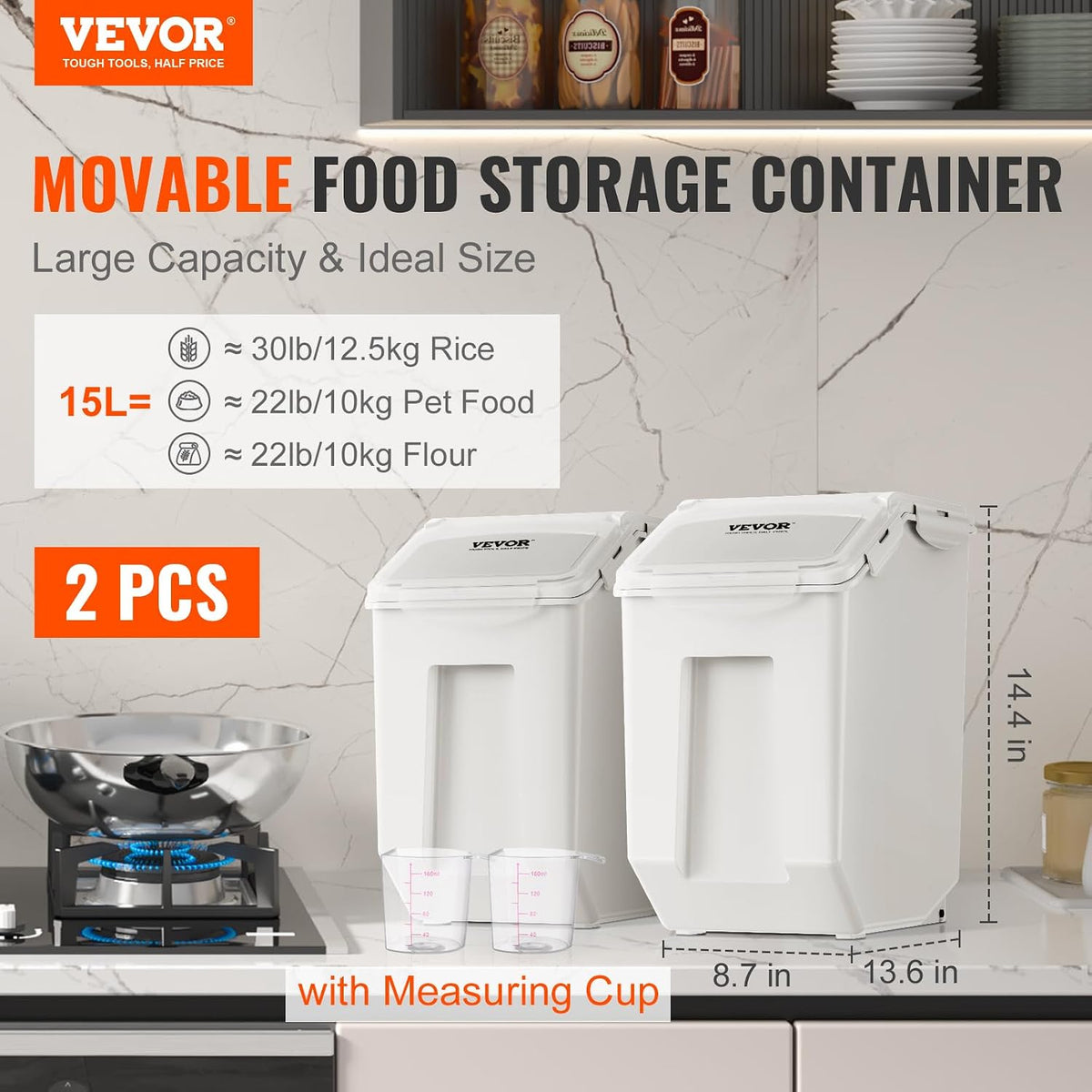 Rice Storage Container, 3.5Gal/15Lx2 + 4.5Gal/20Lx2 Large Dog Food Dispenser Bin, Kitchen Ingredient Grain Cereal Bin, Pet food Containers with Wheels, 4 Measuring Cups, Airtight Lid, 4 Pack