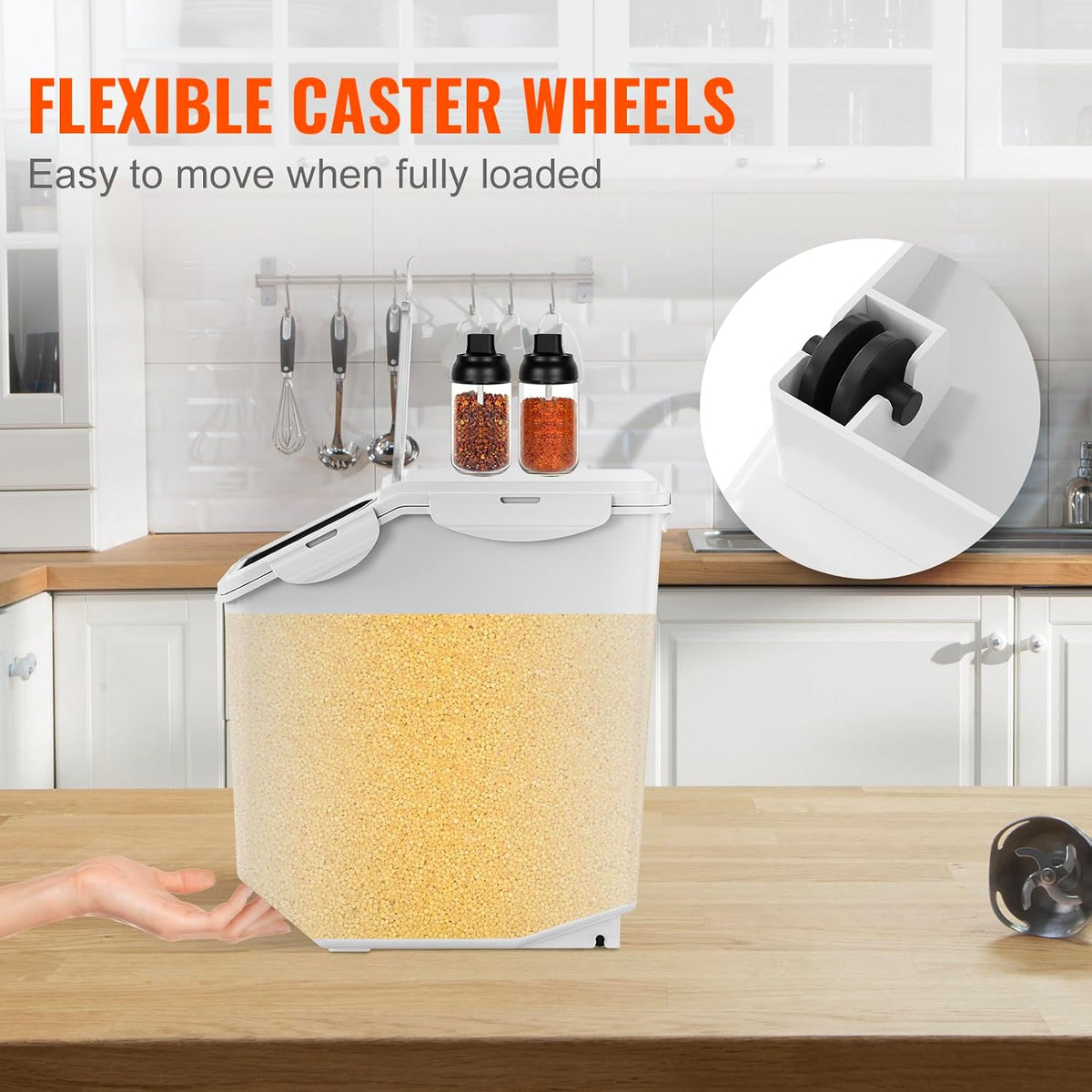 Rice Storage Container, 3.5Gal/15Lx2 + 4.5Gal/20Lx2 Large Dog Food Dispenser Bin, Kitchen Ingredient Grain Cereal Bin, Pet food Containers with Wheels, 4 Measuring Cups, Airtight Lid, 4 Pack