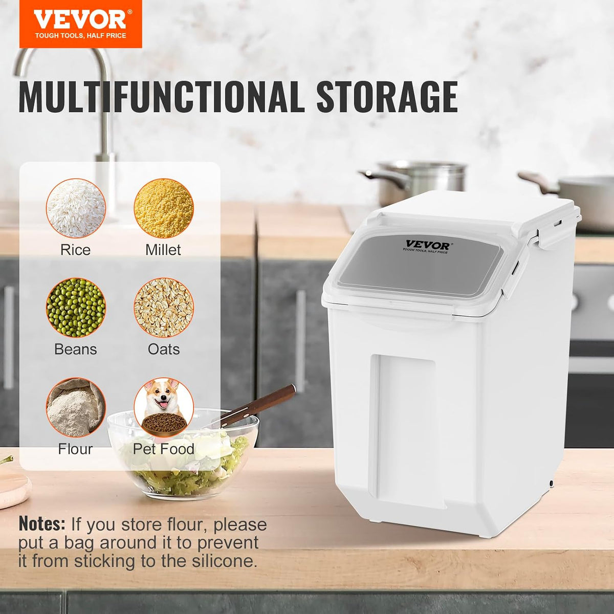 Rice Storage Container, 3.5Gal/15Lx2 + 4.5Gal/20Lx2 Large Dog Food Dispenser Bin, Kitchen Ingredient Grain Cereal Bin, Pet food Containers with Wheels, 4 Measuring Cups, Airtight Lid, 4 Pack