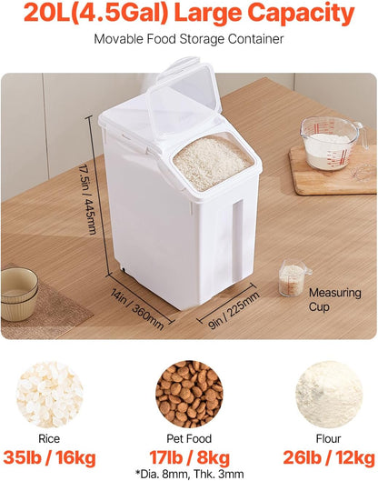 Rice Storage Container, 3.5Gal/15Lx2 + 4.5Gal/20Lx2 Large Dog Food Dispenser Bin, Kitchen Ingredient Grain Cereal Bin, Pet food Containers with Wheels, 4 Measuring Cups, Airtight Lid, 4 Pack