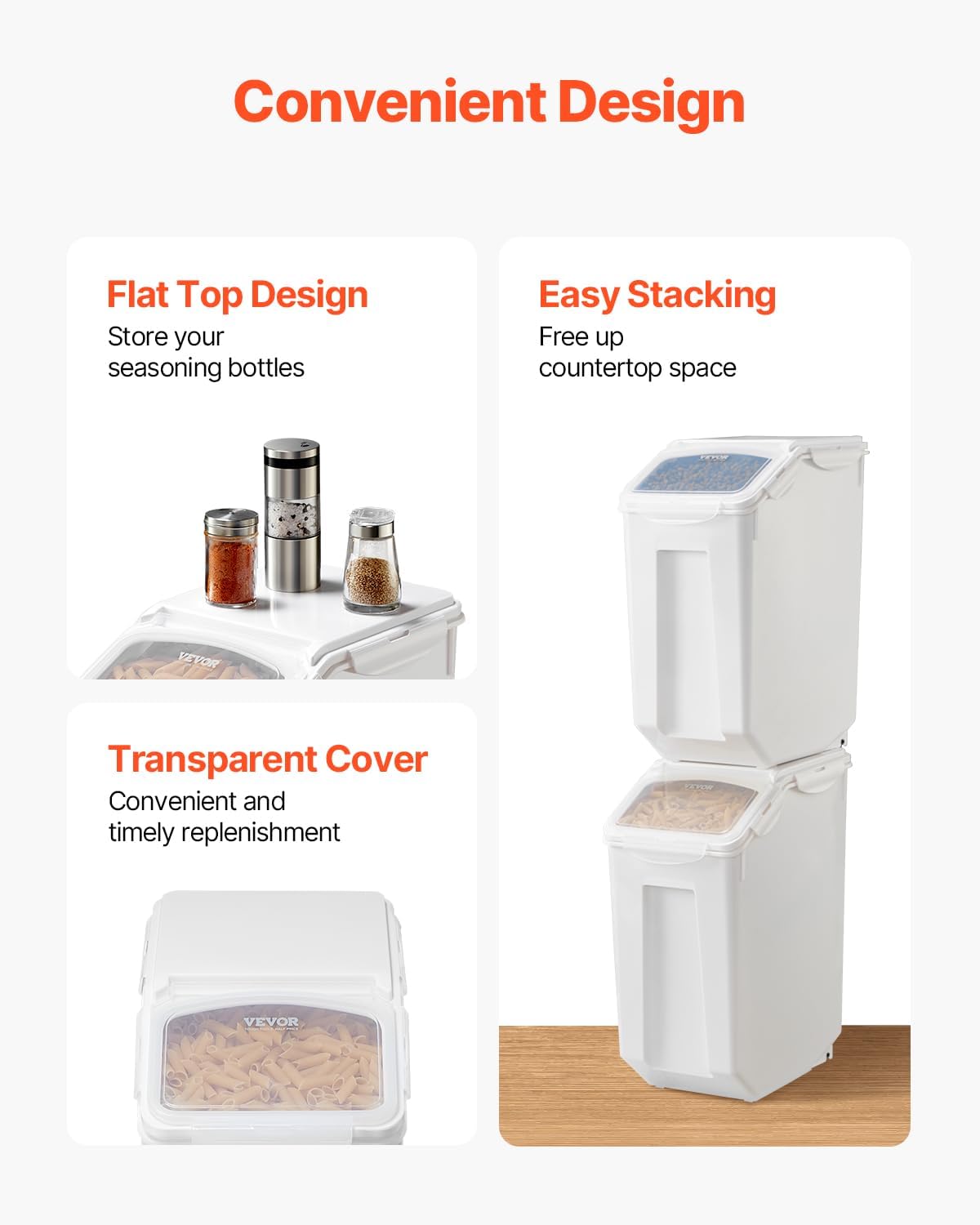 Rice Storage Container, 3.5Gal/15Lx2 + 4.5Gal/20Lx2 Large Dog Food Dispenser Bin, Kitchen Ingredient Grain Cereal Bin, Pet food Containers with Wheels, 4 Measuring Cups, Airtight Lid, 4 Pack