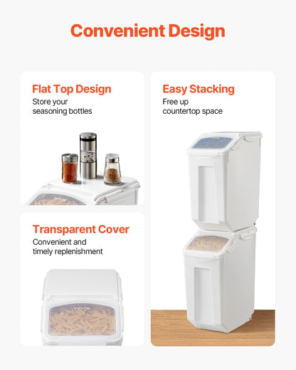 Rice Storage Container, 3.5Gal/15Lx2 + 4.5Gal/20Lx2 Large Dog Food Dispenser Bin, Kitchen Ingredient Grain Cereal Bin, Pet food Containers with Wheels, 4 Measuring Cups, Airtight Lid, 4 Pack