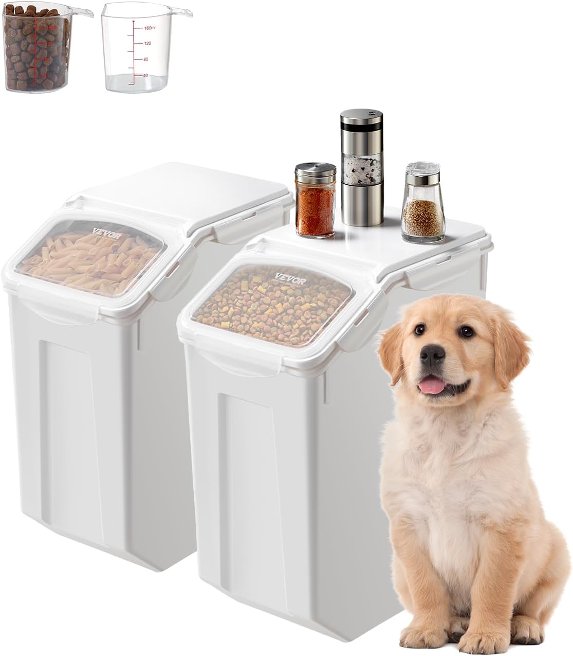 Rice Storage Container, 3.5Gal/15Lx2 + 4.5Gal/20Lx2 Large Dog Food Dispenser Bin, Kitchen Ingredient Grain Cereal Bin, Pet food Containers with Wheels, 4 Measuring Cups, Airtight Lid, 4 Pack
