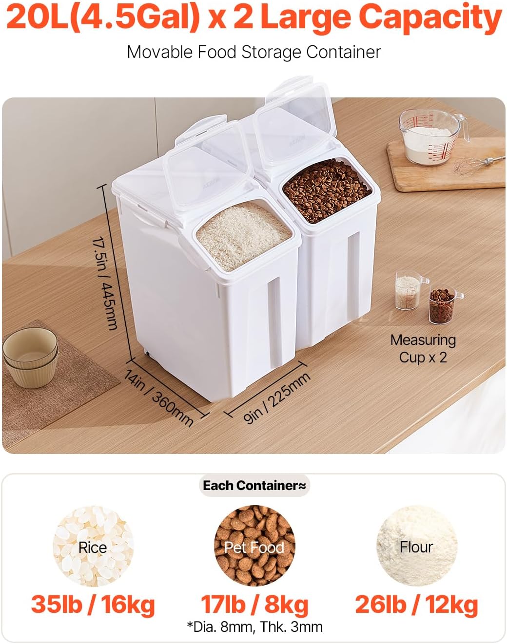 Rice Storage Container, 3.5Gal/15Lx2 + 4.5Gal/20Lx2 Large Dog Food Dispenser Bin, Kitchen Ingredient Grain Cereal Bin, Pet food Containers with Wheels, 4 Measuring Cups, Airtight Lid, 4 Pack