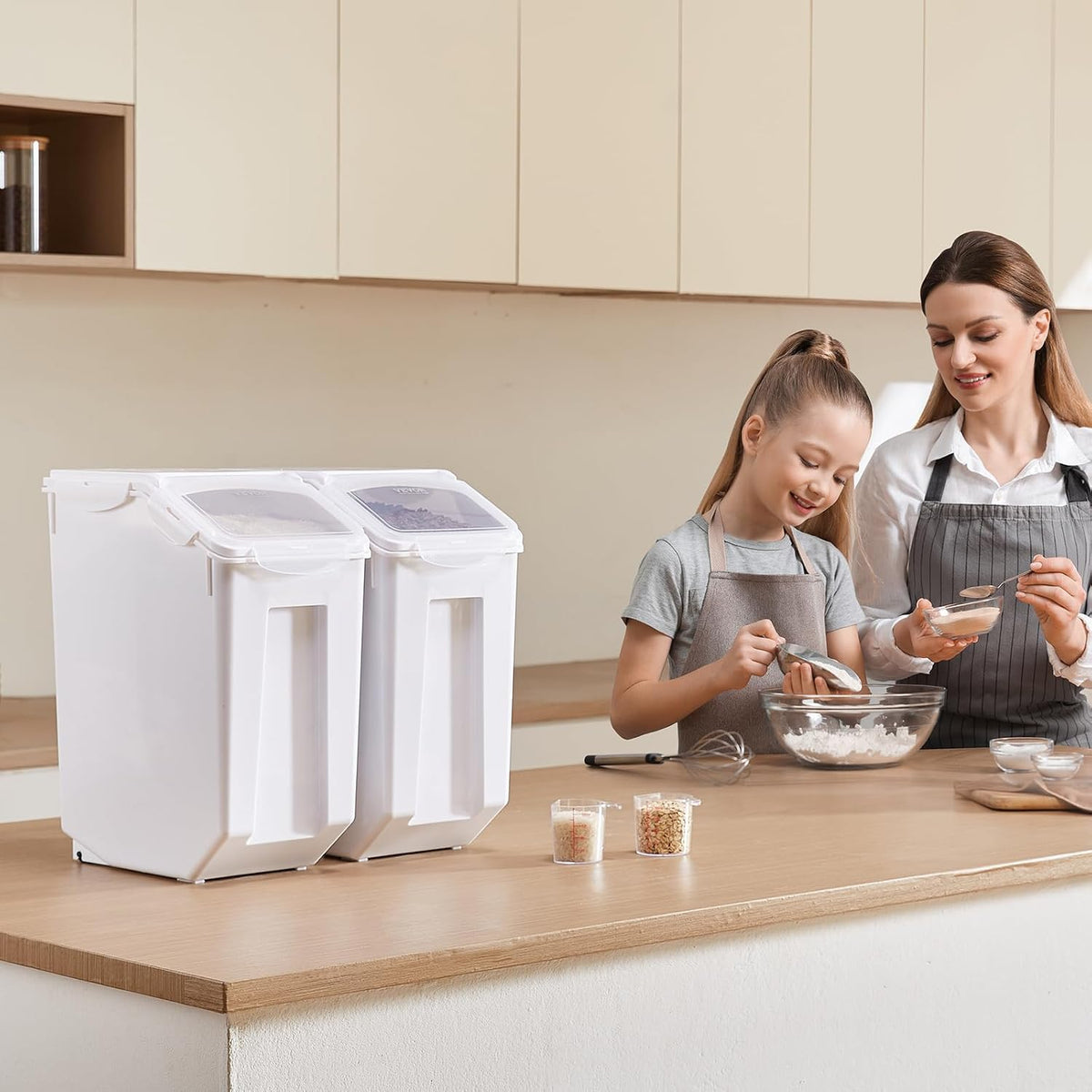 Rice Storage Container, 3.5Gal/15Lx2 + 4.5Gal/20Lx2 Large Dog Food Dispenser Bin, Kitchen Ingredient Grain Cereal Bin, Pet food Containers with Wheels, 4 Measuring Cups, Airtight Lid, 4 Pack