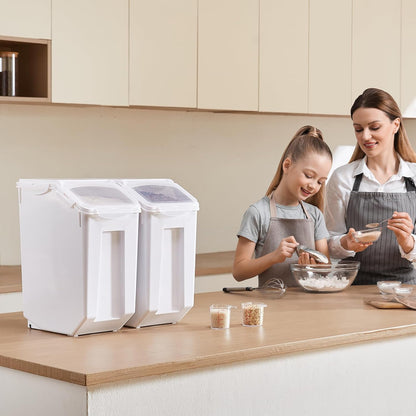Rice Storage Container, 3.5Gal/15Lx2 + 4.5Gal/20Lx2 Large Dog Food Dispenser Bin, Kitchen Ingredient Grain Cereal Bin, Pet food Containers with Wheels, 4 Measuring Cups, Airtight Lid, 4 Pack