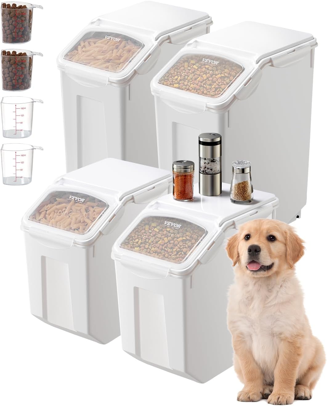 Rice Storage Container, 3.5Gal/15Lx2 + 4.5Gal/20Lx2 Large Dog Food Dispenser Bin, Kitchen Ingredient Grain Cereal Bin, Pet food Containers with Wheels, 4 Measuring Cups, Airtight Lid, 4 Pack