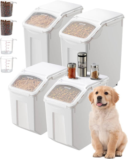 Rice Storage Container, 3.5Gal/15Lx2 + 4.5Gal/20Lx2 Large Dog Food Dispenser Bin, Kitchen Ingredient Grain Cereal Bin, Pet food Containers with Wheels, 4 Measuring Cups, Airtight Lid, 4 Pack