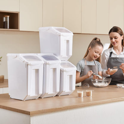 Rice Storage Container, 3.5Gal/15Lx2 + 4.5Gal/20Lx2 Large Dog Food Dispenser Bin, Kitchen Ingredient Grain Cereal Bin, Pet food Containers with Wheels, 4 Measuring Cups, Airtight Lid, 4 Pack