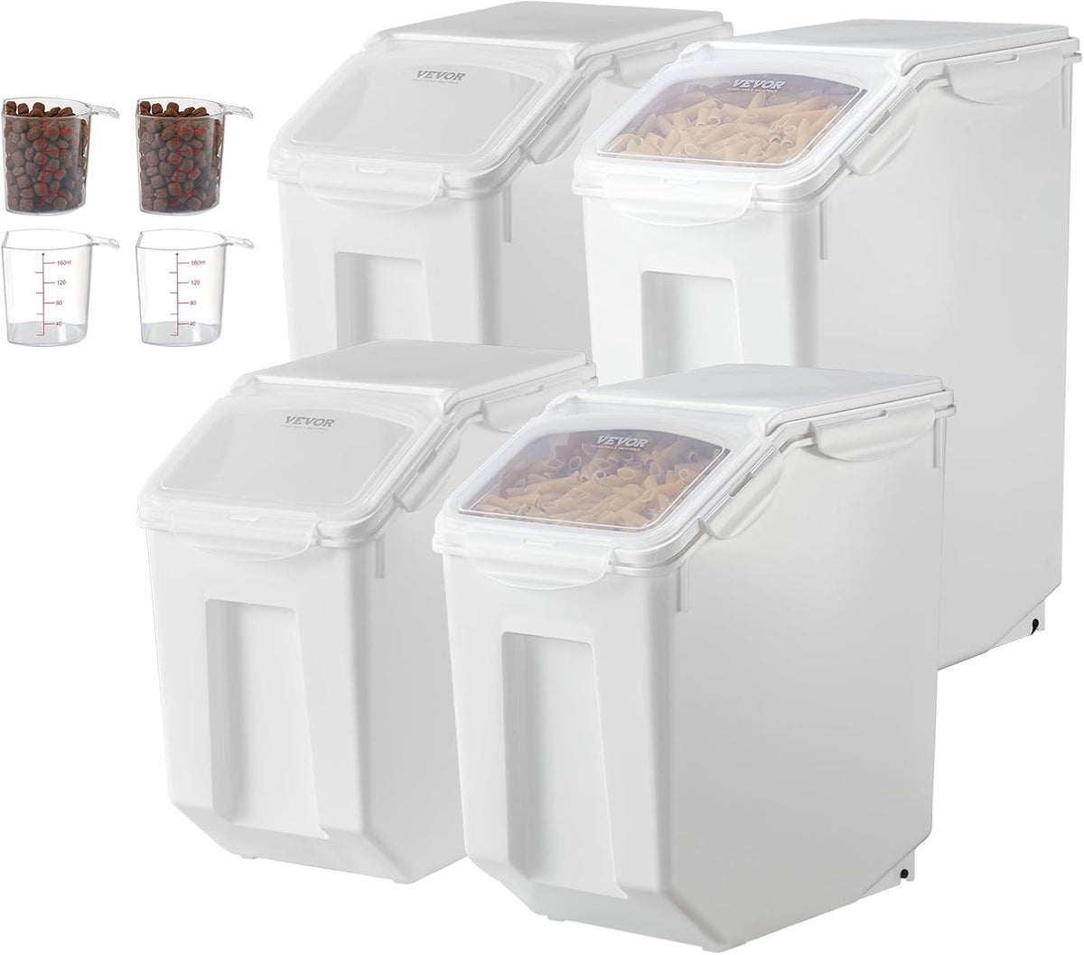 Rice Storage Container, 3.5Gal/15Lx2 + 4.5Gal/20Lx2 Large Dog Food Dispenser Bin, Kitchen Ingredient Grain Cereal Bin, Pet food Containers with Wheels, 4 Measuring Cups, Airtight Lid, 4 Pack
