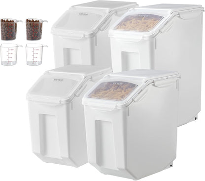 Rice Storage Container, 3.5Gal/15Lx2 + 4.5Gal/20Lx2 Large Dog Food Dispenser Bin, Kitchen Ingredient Grain Cereal Bin, Pet food Containers with Wheels, 4 Measuring Cups, Airtight Lid, 4 Pack