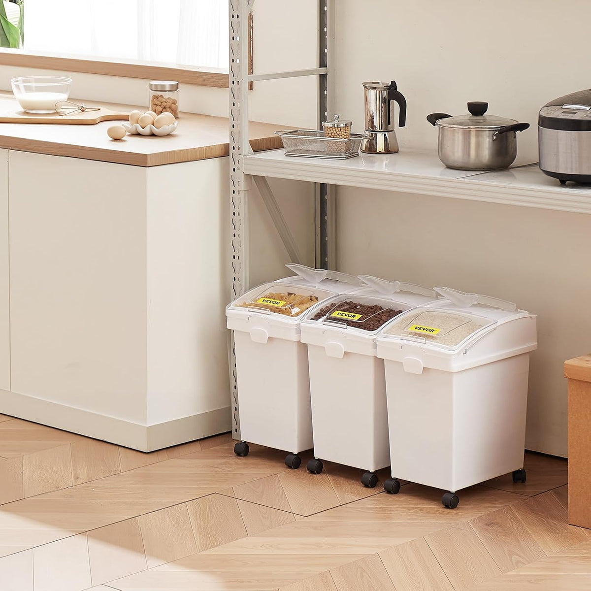 Rice Storage Container, 3.5Gal/15Lx2 + 4.5Gal/20Lx2 Large Dog Food Dispenser Bin, Kitchen Ingredient Grain Cereal Bin, Pet food Containers with Wheels, 4 Measuring Cups, Airtight Lid, 4 Pack