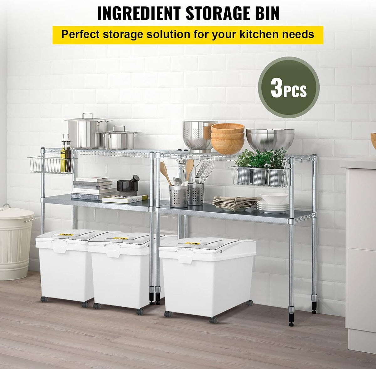 Rice Storage Container, 3.5Gal/15Lx2 + 4.5Gal/20Lx2 Large Dog Food Dispenser Bin, Kitchen Ingredient Grain Cereal Bin, Pet food Containers with Wheels, 4 Measuring Cups, Airtight Lid, 4 Pack