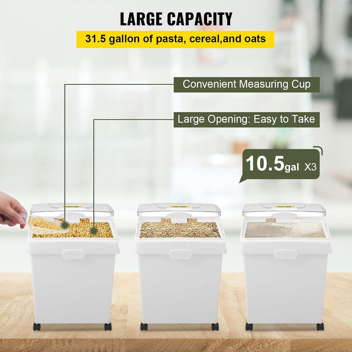 Rice Storage Container, 3.5Gal/15Lx2 + 4.5Gal/20Lx2 Large Dog Food Dispenser Bin, Kitchen Ingredient Grain Cereal Bin, Pet food Containers with Wheels, 4 Measuring Cups, Airtight Lid, 4 Pack