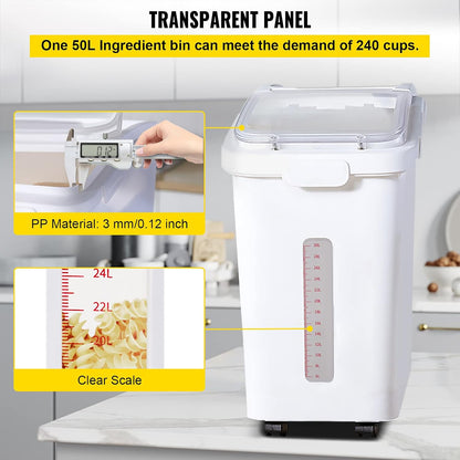 Rice Storage Container, 3.5Gal/15Lx2 + 4.5Gal/20Lx2 Large Dog Food Dispenser Bin, Kitchen Ingredient Grain Cereal Bin, Pet food Containers with Wheels, 4 Measuring Cups, Airtight Lid, 4 Pack