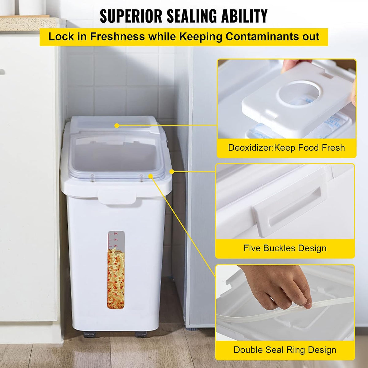 Rice Storage Container, 3.5Gal/15Lx2 + 4.5Gal/20Lx2 Large Dog Food Dispenser Bin, Kitchen Ingredient Grain Cereal Bin, Pet food Containers with Wheels, 4 Measuring Cups, Airtight Lid, 4 Pack