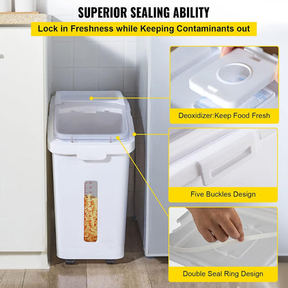 Rice Storage Container, 3.5Gal/15Lx2 + 4.5Gal/20Lx2 Large Dog Food Dispenser Bin, Kitchen Ingredient Grain Cereal Bin, Pet food Containers with Wheels, 4 Measuring Cups, Airtight Lid, 4 Pack