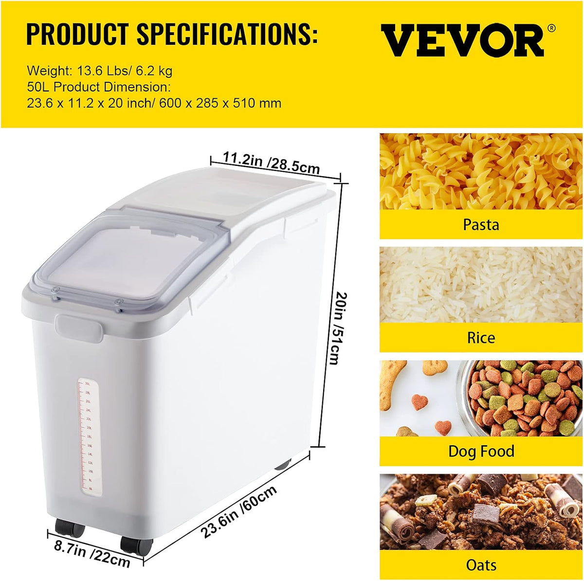 Rice Storage Container, 3.5Gal/15Lx2 + 4.5Gal/20Lx2 Large Dog Food Dispenser Bin, Kitchen Ingredient Grain Cereal Bin, Pet food Containers with Wheels, 4 Measuring Cups, Airtight Lid, 4 Pack