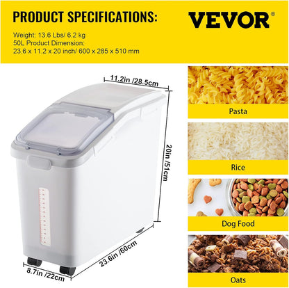 Rice Storage Container, 3.5Gal/15Lx2 + 4.5Gal/20Lx2 Large Dog Food Dispenser Bin, Kitchen Ingredient Grain Cereal Bin, Pet food Containers with Wheels, 4 Measuring Cups, Airtight Lid, 4 Pack