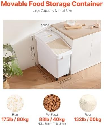 Rice Storage Container, 3.5Gal/15Lx2 + 4.5Gal/20Lx2 Large Dog Food Dispenser Bin, Kitchen Ingredient Grain Cereal Bin, Pet food Containers with Wheels, 4 Measuring Cups, Airtight Lid, 4 Pack