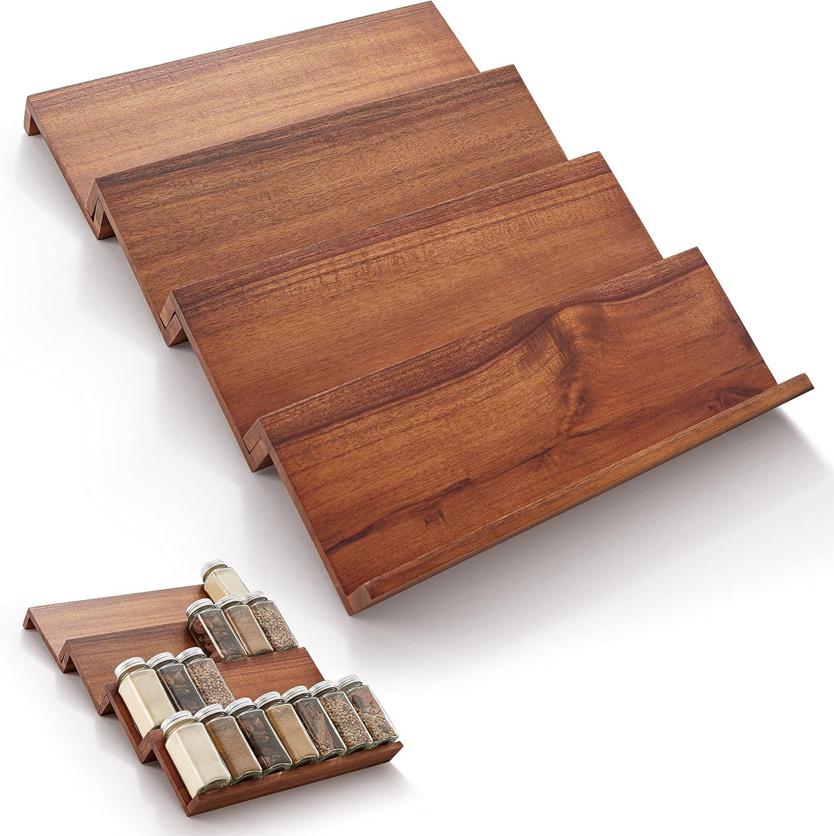 Acacia Wooden Spice Rack Organizer for Cabinet - Spice Drawer Insert, Spice Organization for Cabinet, Seasoning Organizer, Spice Holder Pack of 4 (Acacia pack 4)