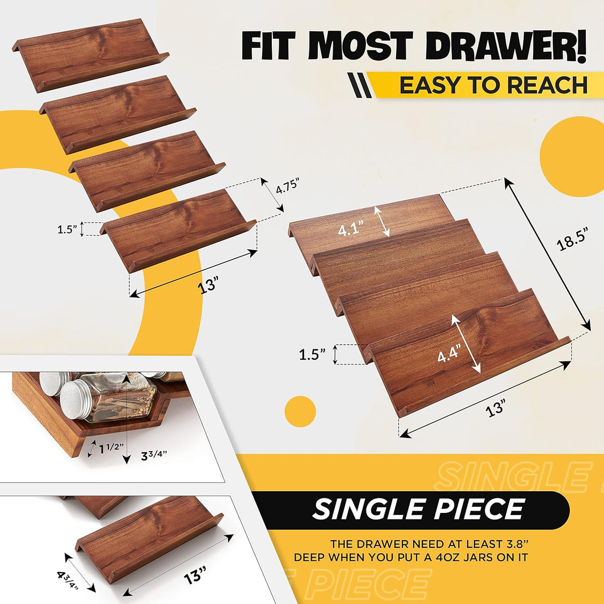 Acacia Wooden Spice Rack Organizer for Cabinet - Spice Drawer Insert, Spice Organization for Cabinet, Seasoning Organizer, Spice Holder Pack of 4 (Acacia pack 4)