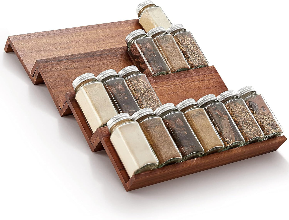 Acacia Wooden Spice Rack Organizer for Cabinet - Spice Drawer Insert, Spice Organization for Cabinet, Seasoning Organizer, Spice Holder Pack of 4 (Acacia pack 4)