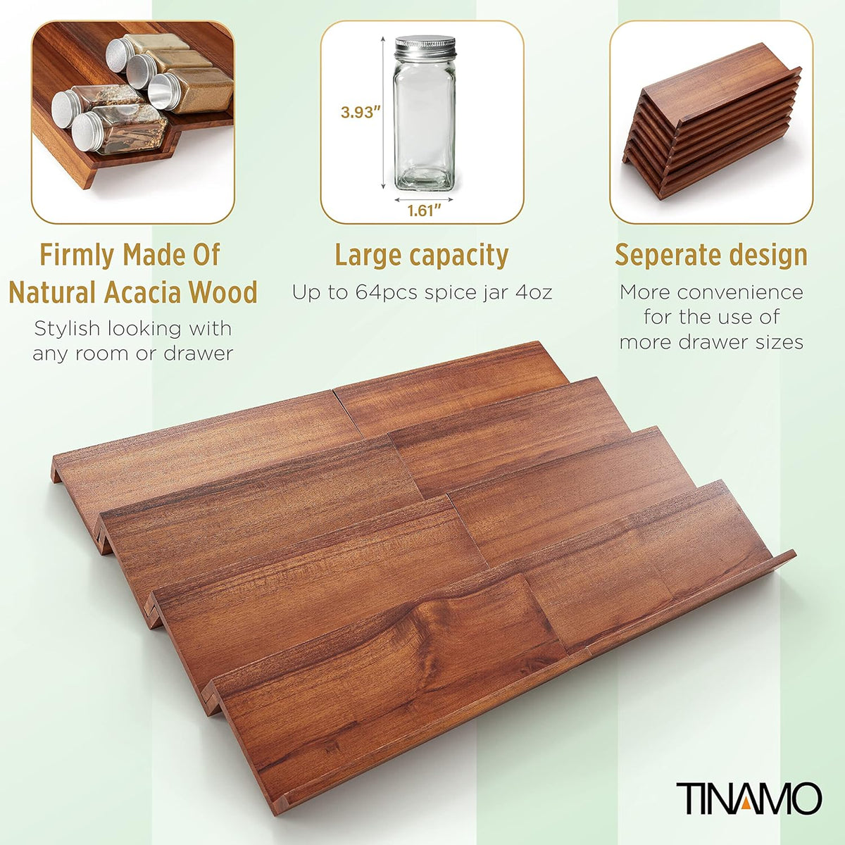Acacia Wooden Spice Rack Organizer for Cabinet - Spice Drawer Insert, Spice Organization for Cabinet, Seasoning Organizer, Spice Holder Pack of 4 (Acacia pack 4)