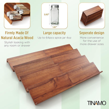 Acacia Wooden Spice Rack Organizer for Cabinet - Spice Drawer Insert, Spice Organization for Cabinet, Seasoning Organizer, Spice Holder Pack of 4 (Acacia pack 4)
