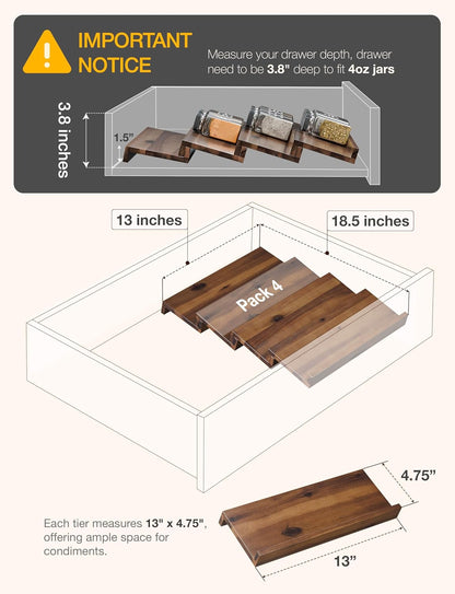 Acacia Wooden Spice Rack Organizer for Cabinet - Spice Drawer Insert, Spice Organization for Cabinet, Seasoning Organizer, Spice Holder Pack of 4 (Acacia pack 4)