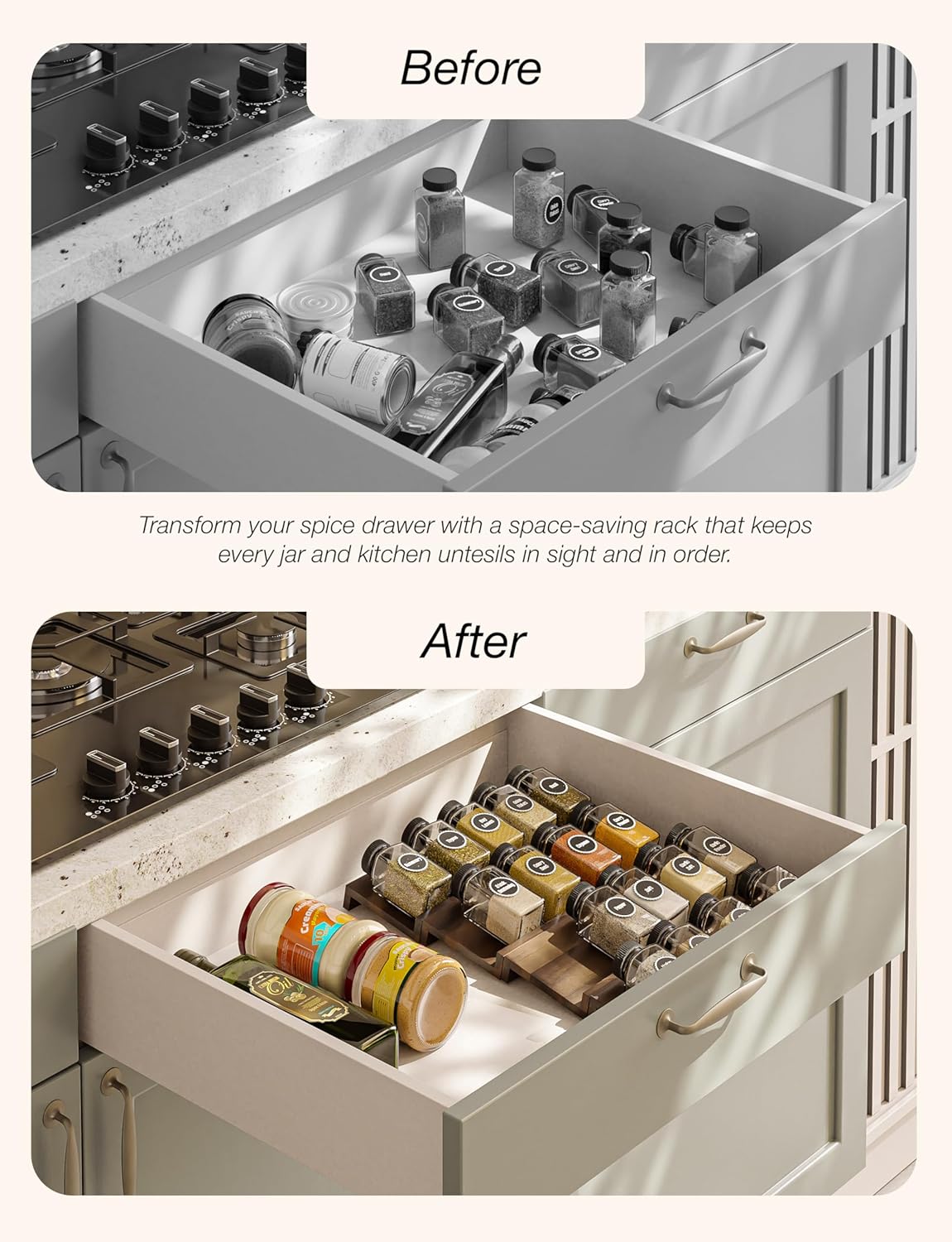 Acacia Wooden Spice Rack Organizer for Cabinet - Spice Drawer Insert, Spice Organization for Cabinet, Seasoning Organizer, Spice Holder Pack of 4 (Acacia pack 4)