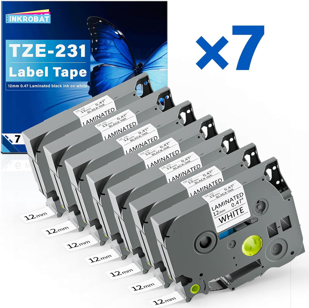 TZE-231 Label Maker Tape 12mm 0.47 Laminated Black on White Replacement for TZ TZE TZE231 1/2" x 8m Tape Cassette for Ptouch PT-D220 PTD220 D220 PT-D210 PTD210 PT-H110 PT-D200 PT-D400 D410 (7 Packs)