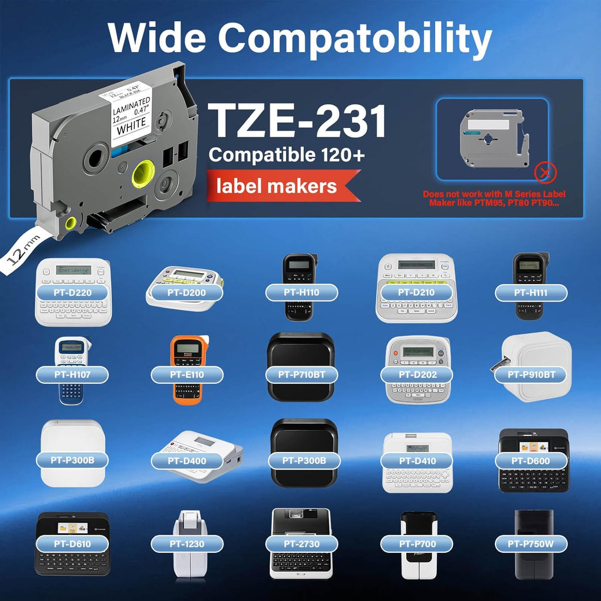 TZE-231 Label Maker Tape 12mm 0.47 Laminated Black on White Replacement for TZ TZE TZE231 1/2" x 8m Tape Cassette for Ptouch PT-D220 PTD220 D220 PT-D210 PTD210 PT-H110 PT-D200 PT-D400 D410 (7 Packs)