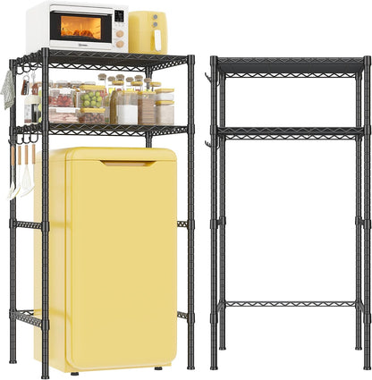 Mini Fridge Shelf with Storage, 2-Tier Adjustable Metal Shelving Unit with 8 Hooks,176 LBS Heavy Duty Organizer Rack for Dorm Room,Apartment, Kitchen and Office,52.36" H x 26.38" W x 18.1" D