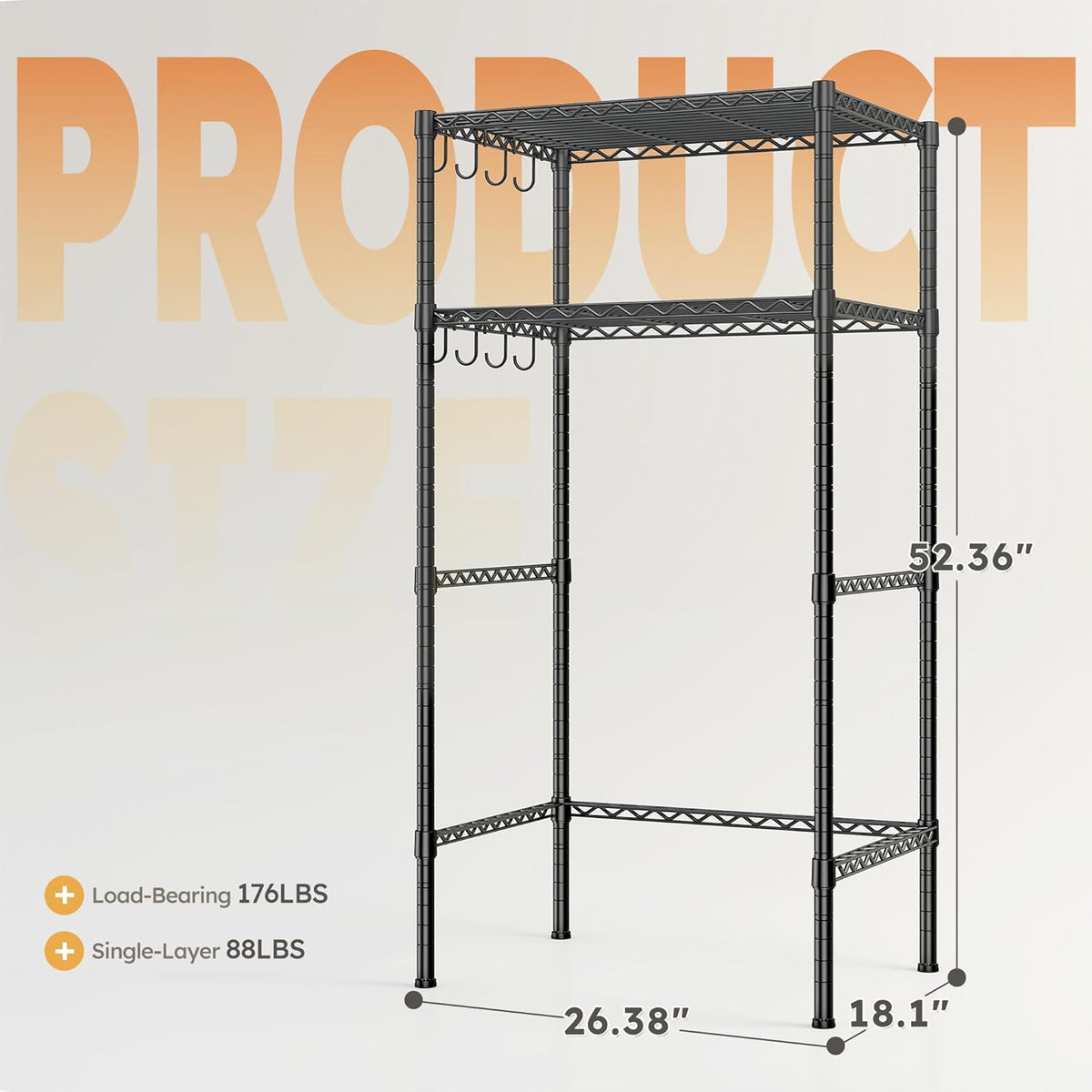 Mini Fridge Shelf with Storage, 2-Tier Adjustable Metal Shelving Unit with 8 Hooks,176 LBS Heavy Duty Organizer Rack for Dorm Room,Apartment, Kitchen and Office,52.36" H x 26.38" W x 18.1" D