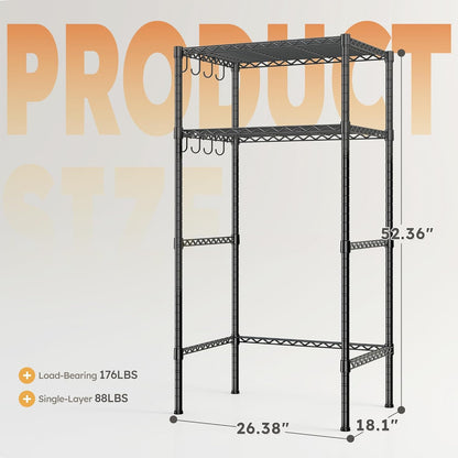 Mini Fridge Shelf with Storage, 2-Tier Adjustable Metal Shelving Unit with 8 Hooks,176 LBS Heavy Duty Organizer Rack for Dorm Room,Apartment, Kitchen and Office,52.36" H x 26.38" W x 18.1" D