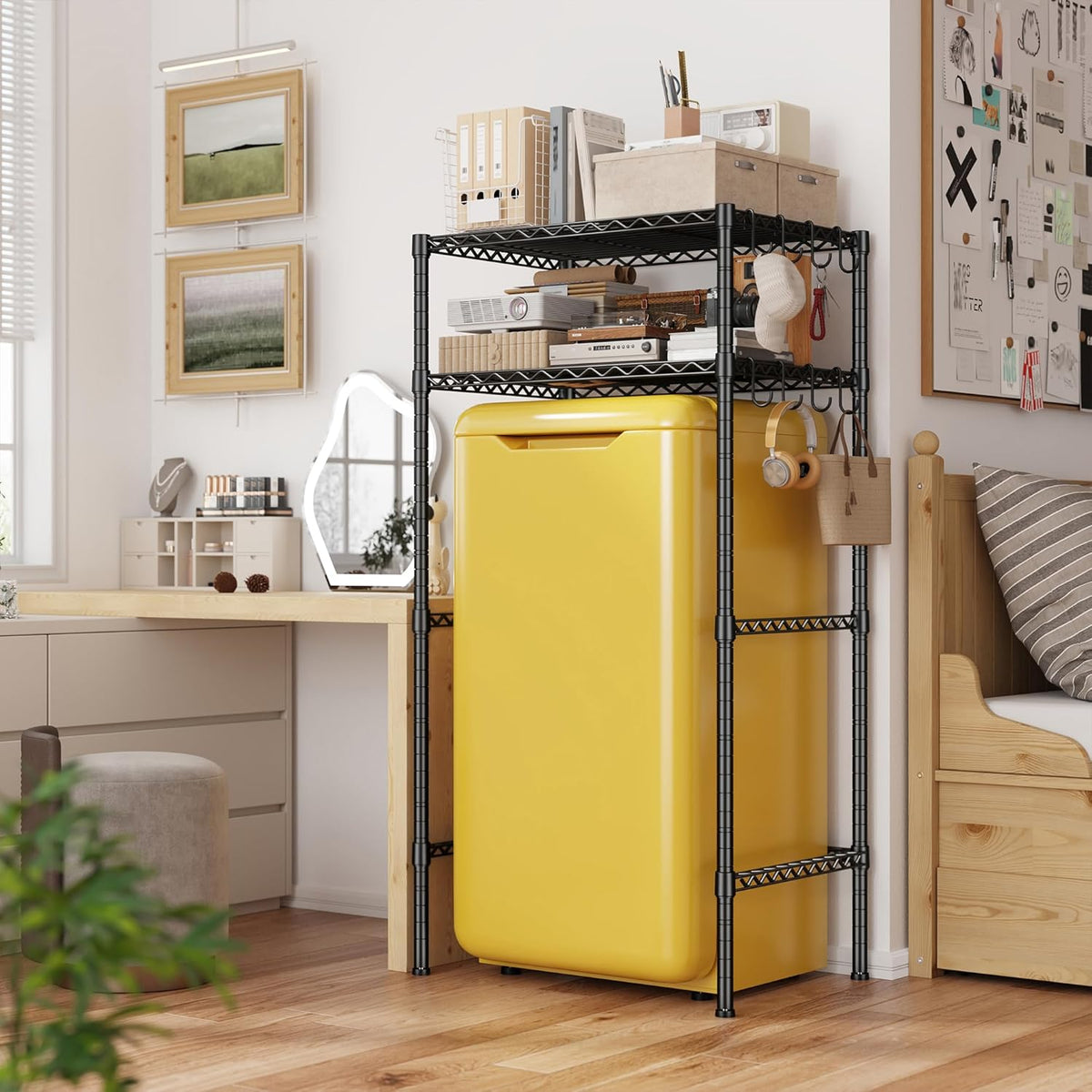 Mini Fridge Shelf with Storage, 2-Tier Adjustable Metal Shelving Unit with 8 Hooks,176 LBS Heavy Duty Organizer Rack for Dorm Room,Apartment, Kitchen and Office,52.36" H x 26.38" W x 18.1" D