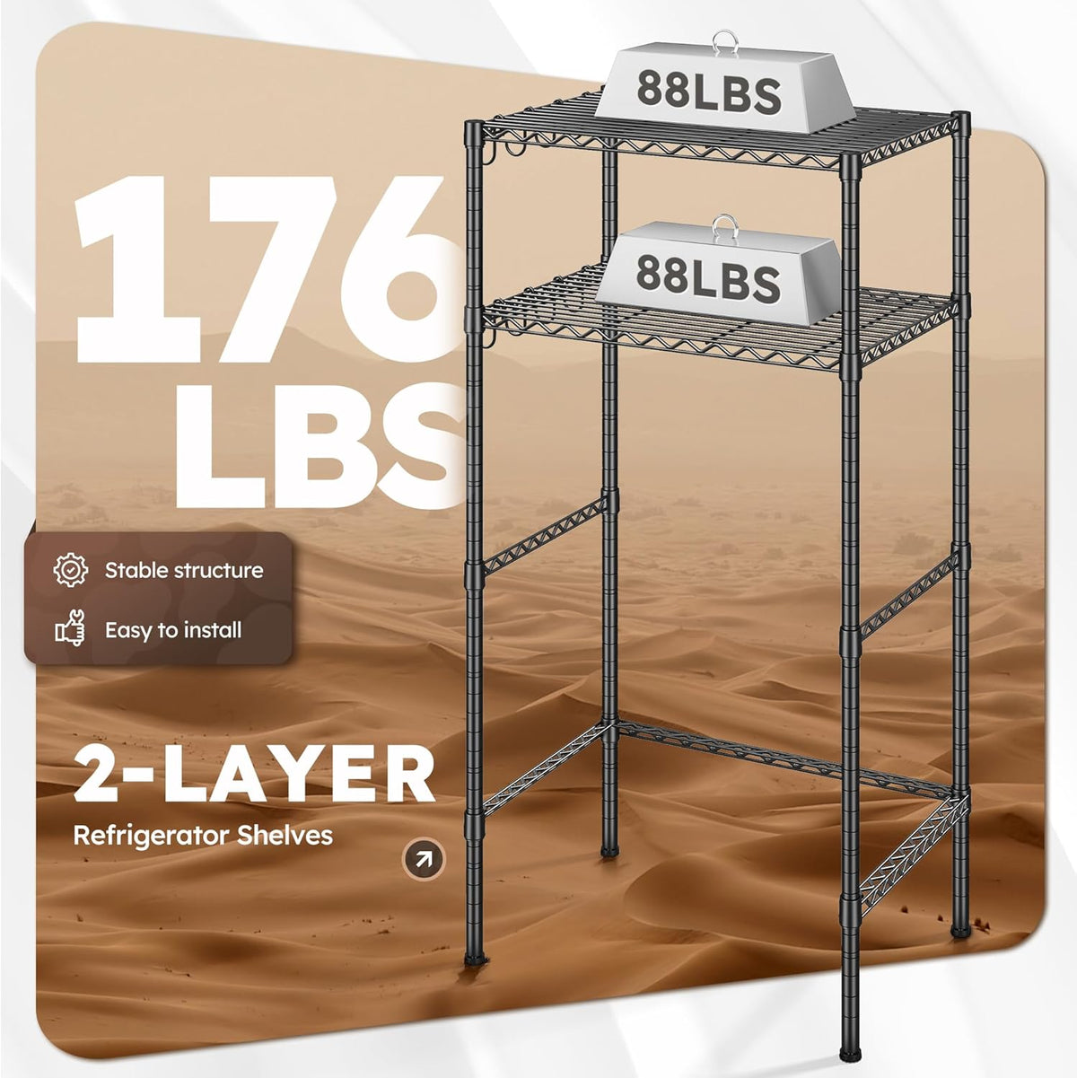 Mini Fridge Shelf with Storage, 2-Tier Adjustable Metal Shelving Unit with 8 Hooks,176 LBS Heavy Duty Organizer Rack for Dorm Room,Apartment, Kitchen and Office,52.36" H x 26.38" W x 18.1" D