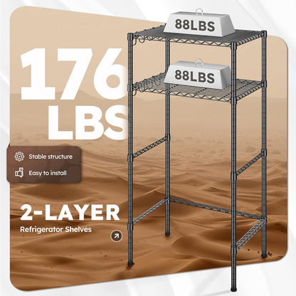 Mini Fridge Shelf with Storage, 2-Tier Adjustable Metal Shelving Unit with 8 Hooks,176 LBS Heavy Duty Organizer Rack for Dorm Room,Apartment, Kitchen and Office,52.36" H x 26.38" W x 18.1" D