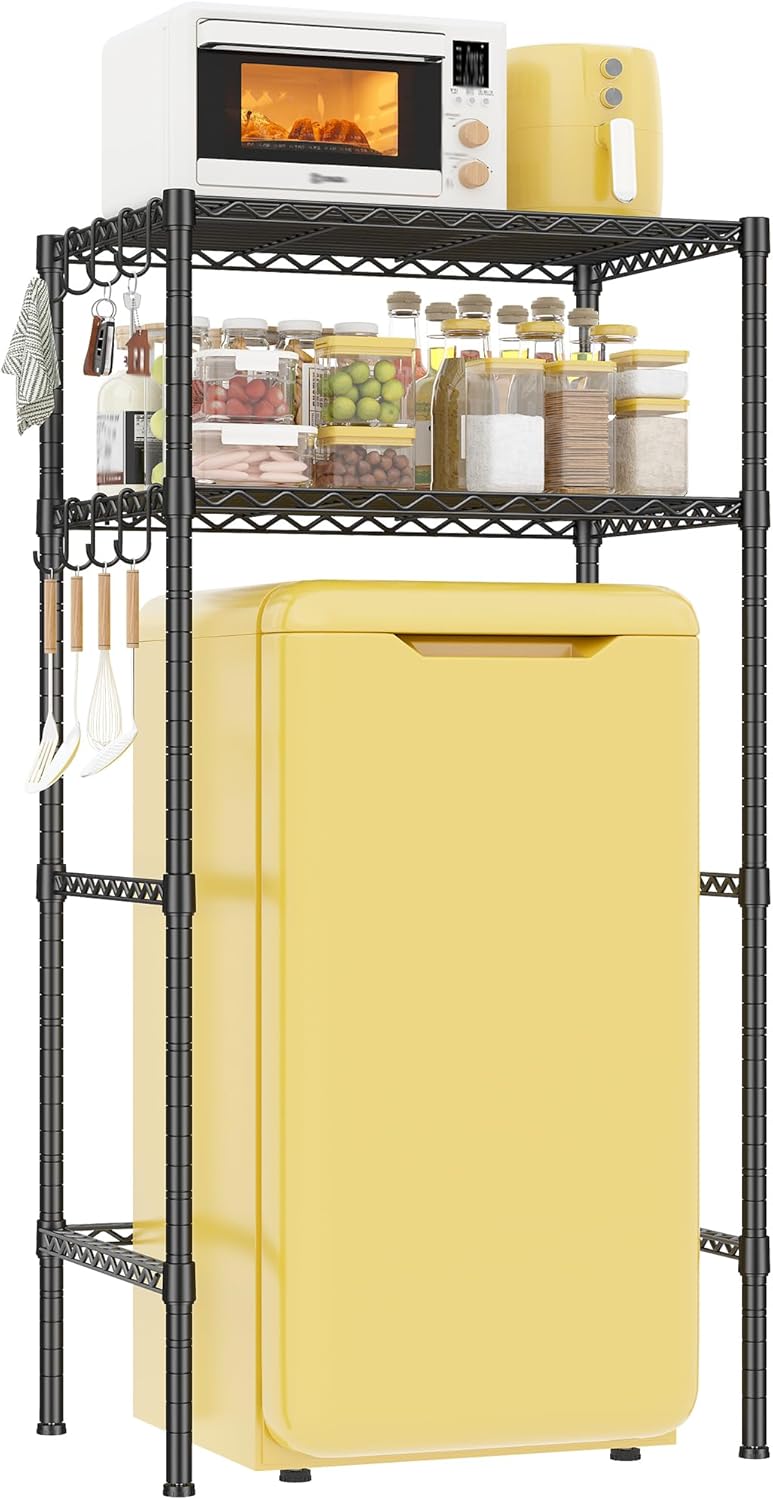 Mini Fridge Shelf with Storage, 2-Tier Adjustable Metal Shelving Unit with 8 Hooks,176 LBS Heavy Duty Organizer Rack for Dorm Room,Apartment, Kitchen and Office,52.36" H x 26.38" W x 18.1" D