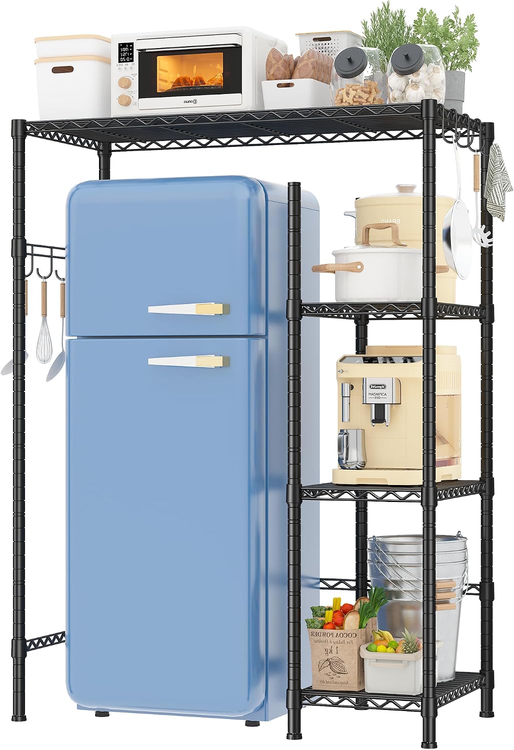 Mini Fridge Shelf with Storage, 2-Tier Adjustable Metal Shelving Unit with 8 Hooks,176 LBS Heavy Duty Organizer Rack for Dorm Room,Apartment, Kitchen and Office,52.36" H x 26.38" W x 18.1" D