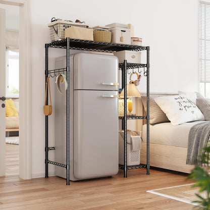 Mini Fridge Shelf with Storage, 2-Tier Adjustable Metal Shelving Unit with 8 Hooks,176 LBS Heavy Duty Organizer Rack for Dorm Room,Apartment, Kitchen and Office,52.36" H x 26.38" W x 18.1" D