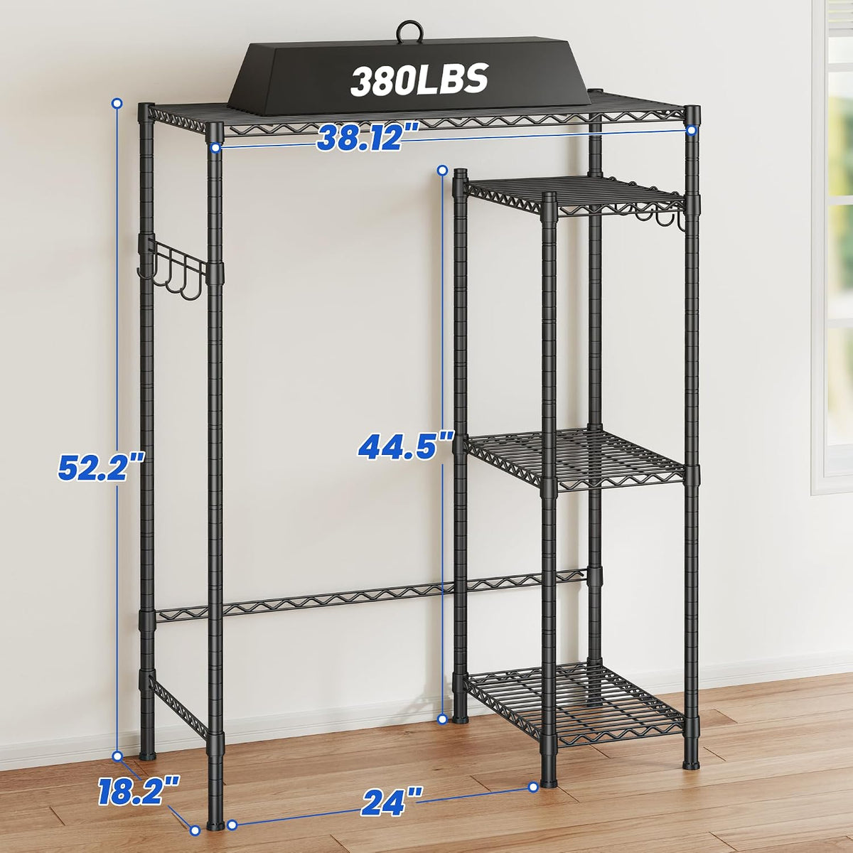Mini Fridge Shelf with Storage, 2-Tier Adjustable Metal Shelving Unit with 8 Hooks,176 LBS Heavy Duty Organizer Rack for Dorm Room,Apartment, Kitchen and Office,52.36" H x 26.38" W x 18.1" D