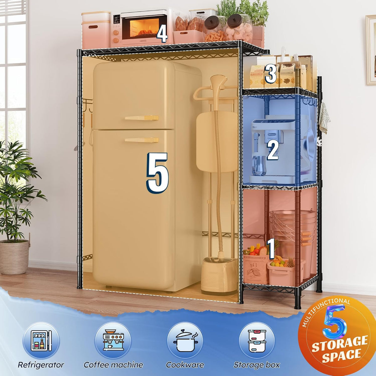 Mini Fridge Shelf with Storage, 2-Tier Adjustable Metal Shelving Unit with 8 Hooks,176 LBS Heavy Duty Organizer Rack for Dorm Room,Apartment, Kitchen and Office,52.36" H x 26.38" W x 18.1" D